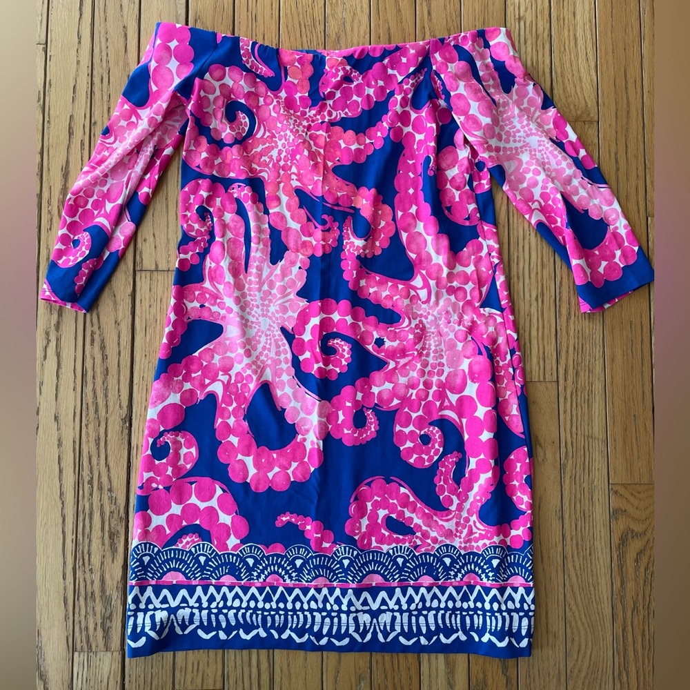 Lilly Pulitzer Dress Womens s Laurana Ikat Blue Mocean Off Shoulder Jersey small